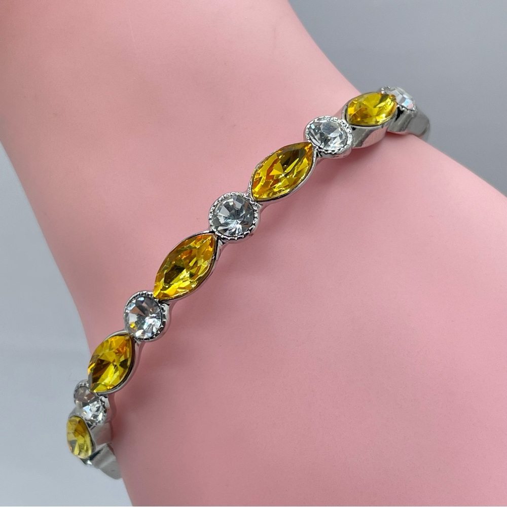 New Silver Canary Yellow Crystal Tennis Bracelet Marquise Round Rhinestone